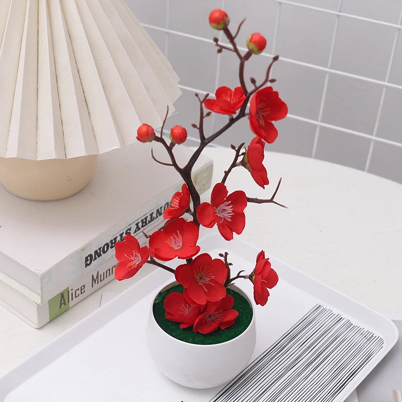 Simulation Plum Flower Pot Plant Artificial Plastic Fake Flowers Home Office Desktop Ornaments Wedding Party Background Decor