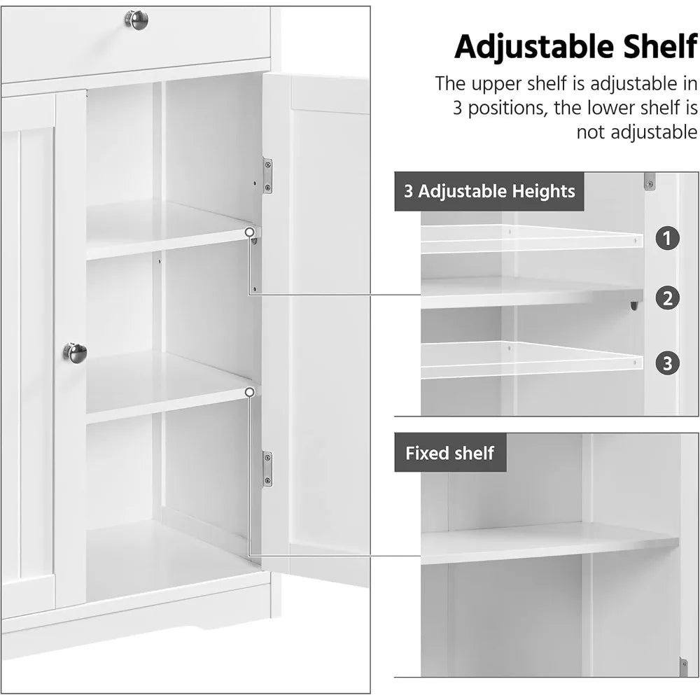 large wooden bathroom floor cabinet with ample storage: featuring 1 large drawer, 3 small drawers, and 2 doors for organization
