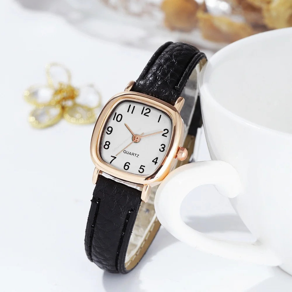 Women's Watch Fashion Square Small Arabic Quartz Watches Leather Band Wristwatches
