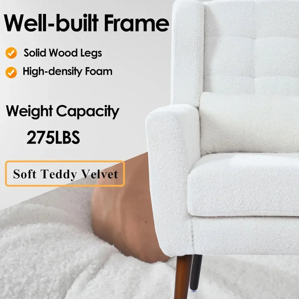 Comfy Upholstered Living Room Chairs with High Tufted Backrest and Pillow, Wingback Reading Chair with Solid Wood