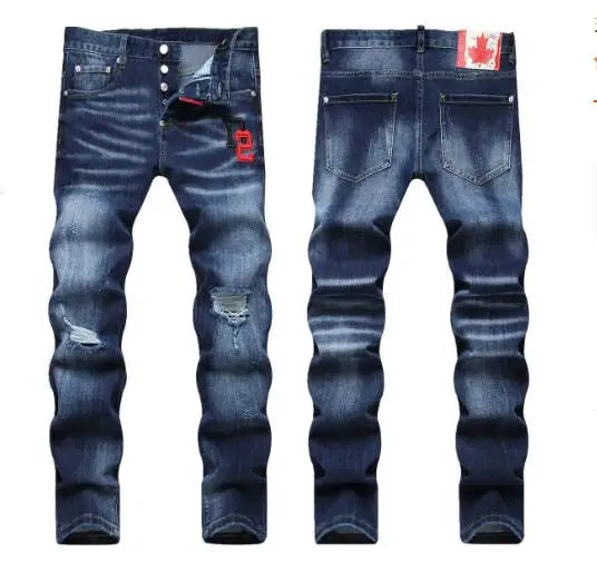 Streetwear Style Italian Men Blue Holes Denim Jeans Trousers Ripped Denim Long Pants High Quality Male Slim Denim Jeans Size 42