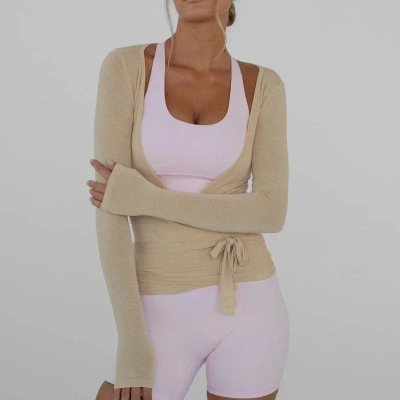 Women's Yoga Shirts Wrap Ruched Tie Front Long Sleeve Workout T Shirts Sexy Deep V Neck Slim Fit Casual Cropped Top