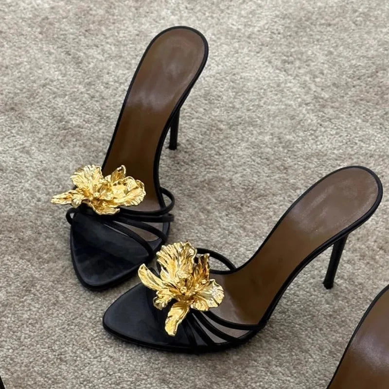 High-heeled Sandals for Women Fashion Pointed Head Shallow Mouth Crystal Flower Set Foot Anti-slip Wear Slippers