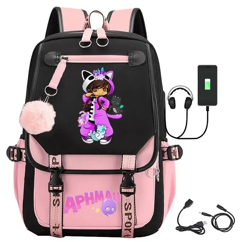 Aphmau print backpacks fashion USB charging school bags for teenage girls laptop bag cartoon bookbag students rucksack