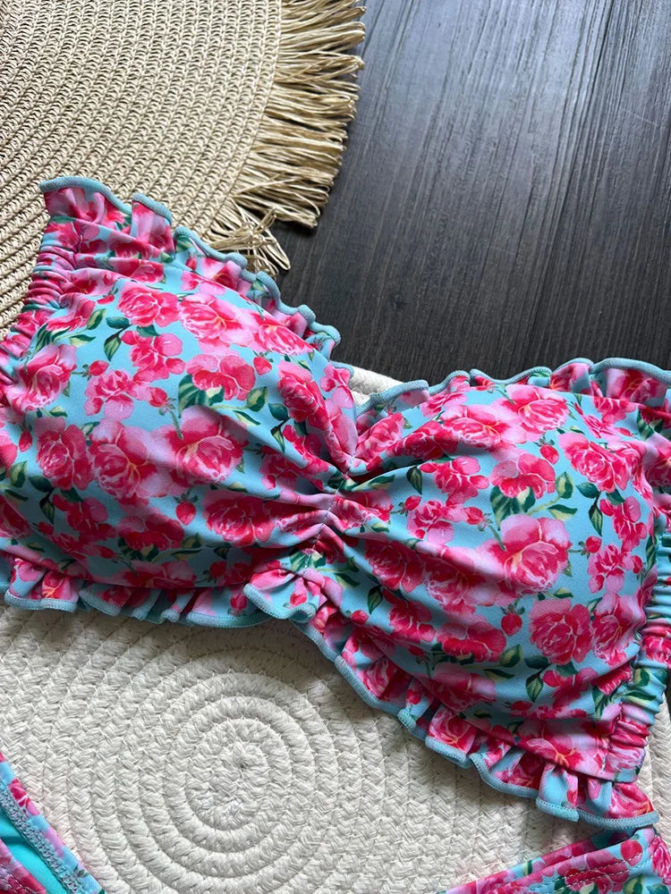 Sexy Print Strapless Bikinis 2 Piece Set Women Split Swimsuit High Waist Backless Laced Up Bikinis 2025 New Summer Bikinis Set