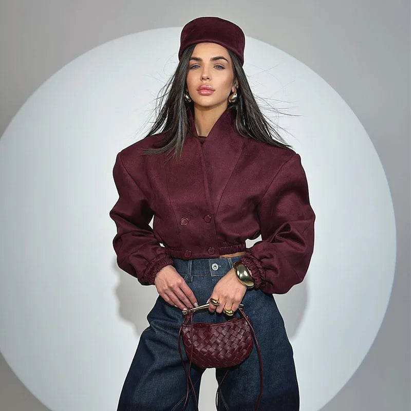 European and American women's clothing 2025 spring new fashion burgundy thin V-neck double-breasted long-sleeved short jacket