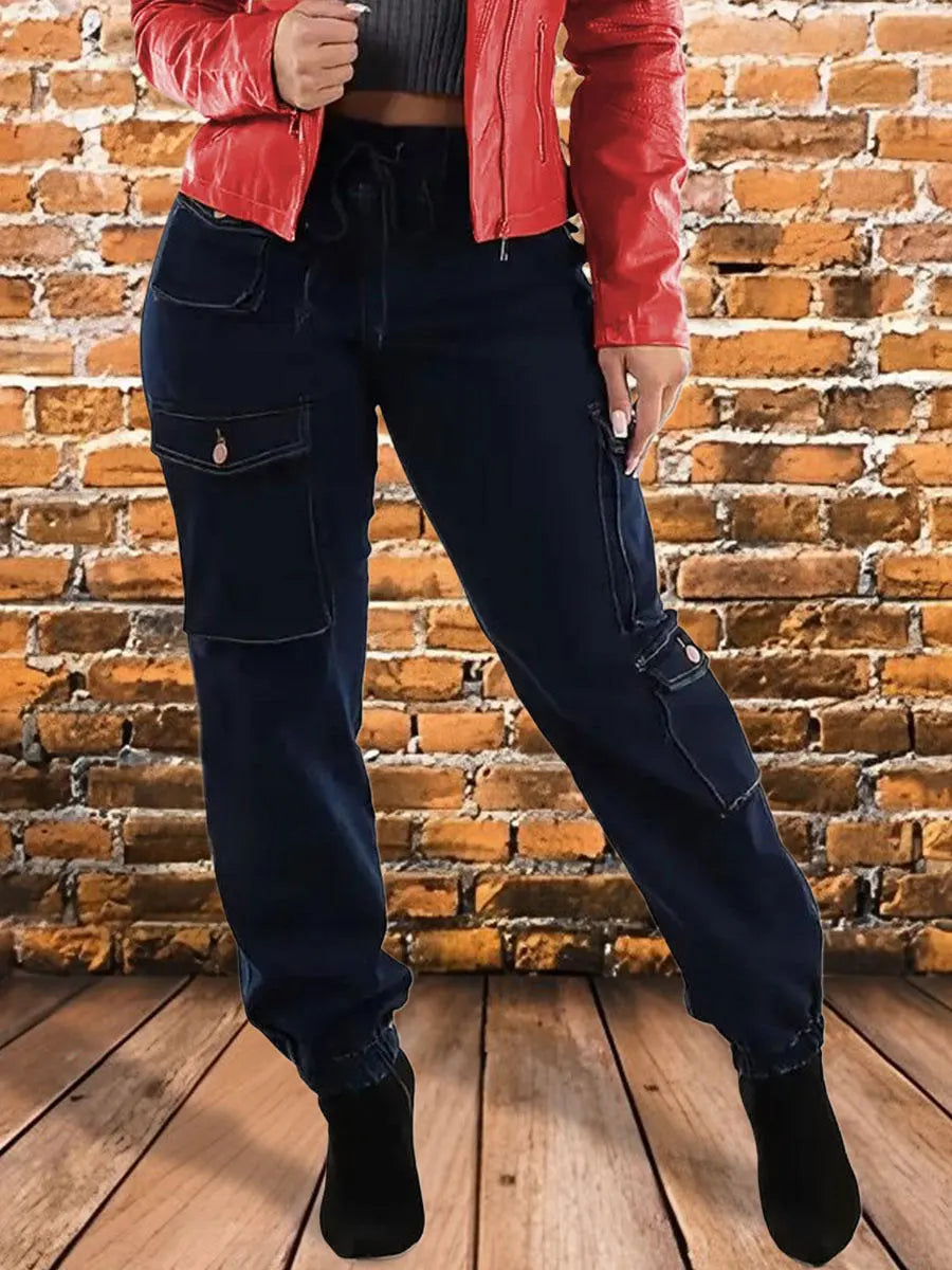 Women's Deep Blue Elastic Waist Drawstring Strap Multi Pocket Work Decoration Body Jeans