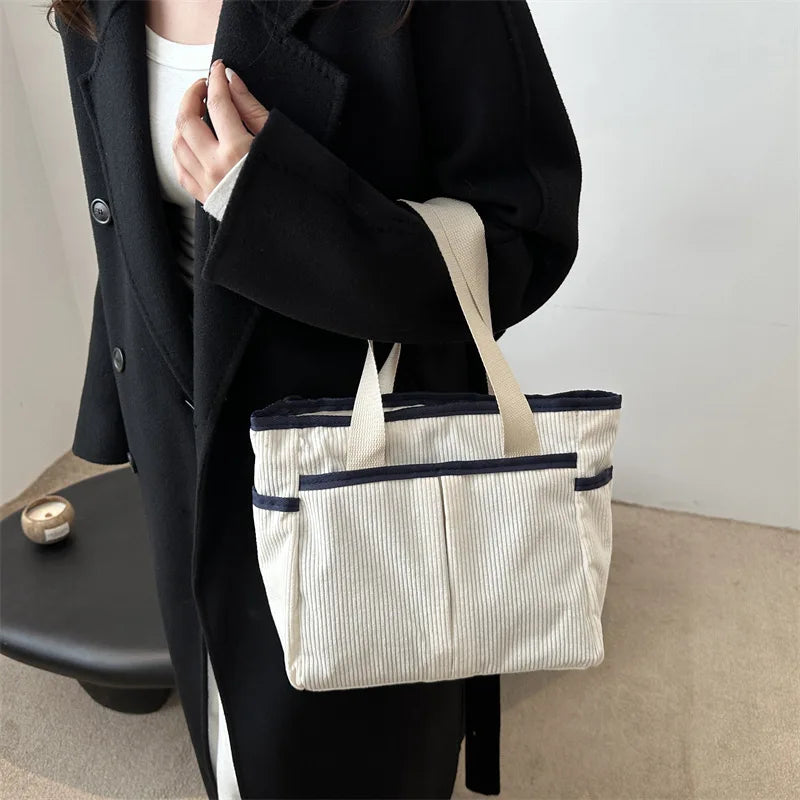 Large Capacity Tote Bags for Women Vintage Corduroy Shoulder Ladies Underarm Bag Casual Shopping Female Handbag with Side Pocket