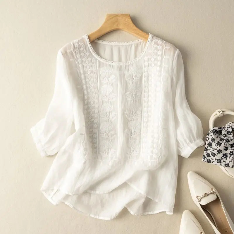 Women's Clothing Vintage Lace Embroidery Cotton Linen Shirt Summer Simple Casual O Neck Half Sleeve Blouses Irregular Loose Tops