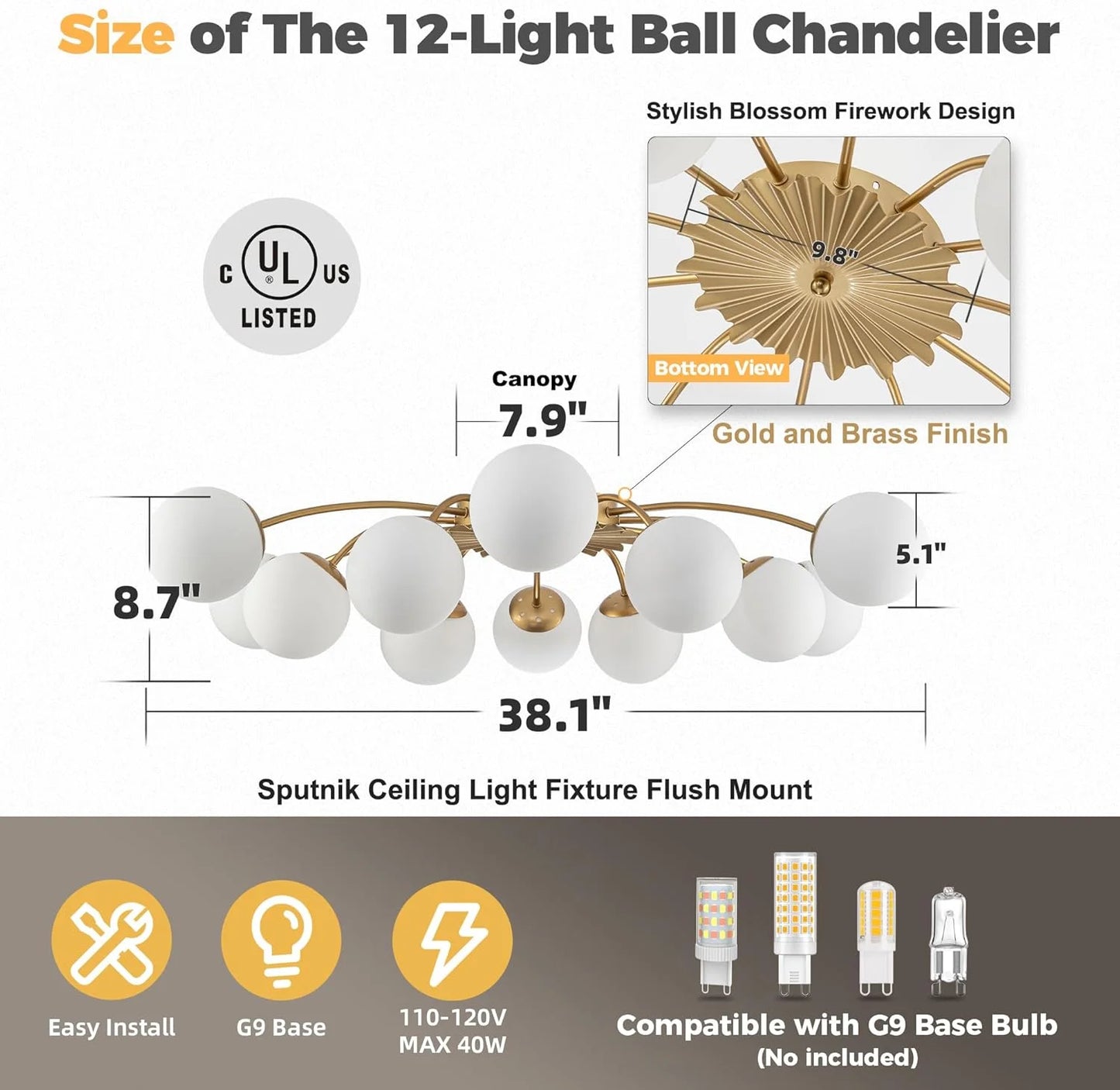 LONGREE 12-light Gold Finish Semiflush Mount Ceiling Light, Milk Opal Glass Bubble, Modern Ceiling Light Fixture