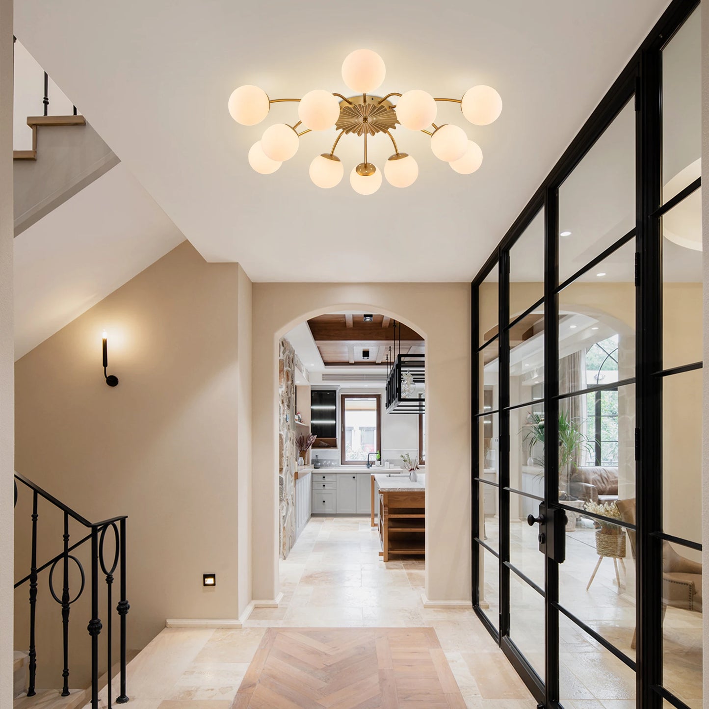 LONGREE 12-light Gold Finish Semiflush Mount Ceiling Light, Milk Opal Glass Bubble, Modern Ceiling Light Fixture