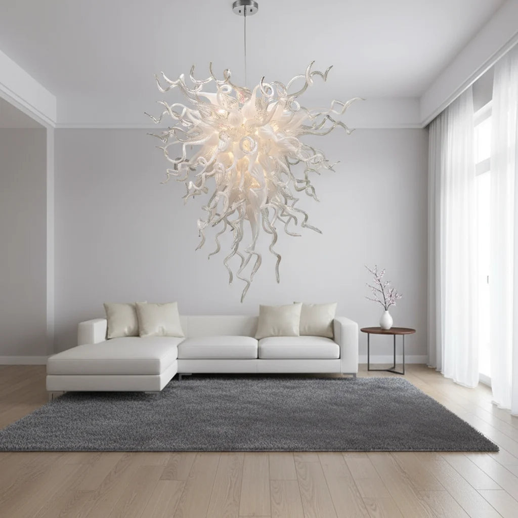 LONGREE Milk White Hand Blown Glass Chandelier Modern Art Glass Lighting Fixture for Living Room