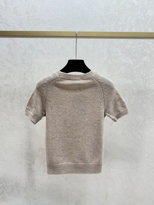25 Early Spring New Round Neck Knitted Top for Women's Trendy Slimming High End Short Sleeve Top