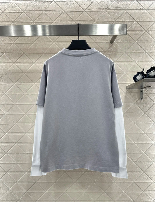 25 New Autumn Women's Casual Commuting Loose Cotton Fake Two Piece Color Contrasting Full Cotton Long Sleeve T-shirt Round Neck