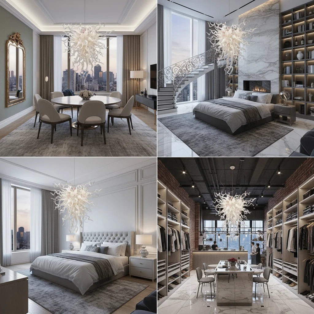 LONGREE Milk White Hand Blown Glass Chandelier Modern Art Glass Lighting Fixture for Living Room