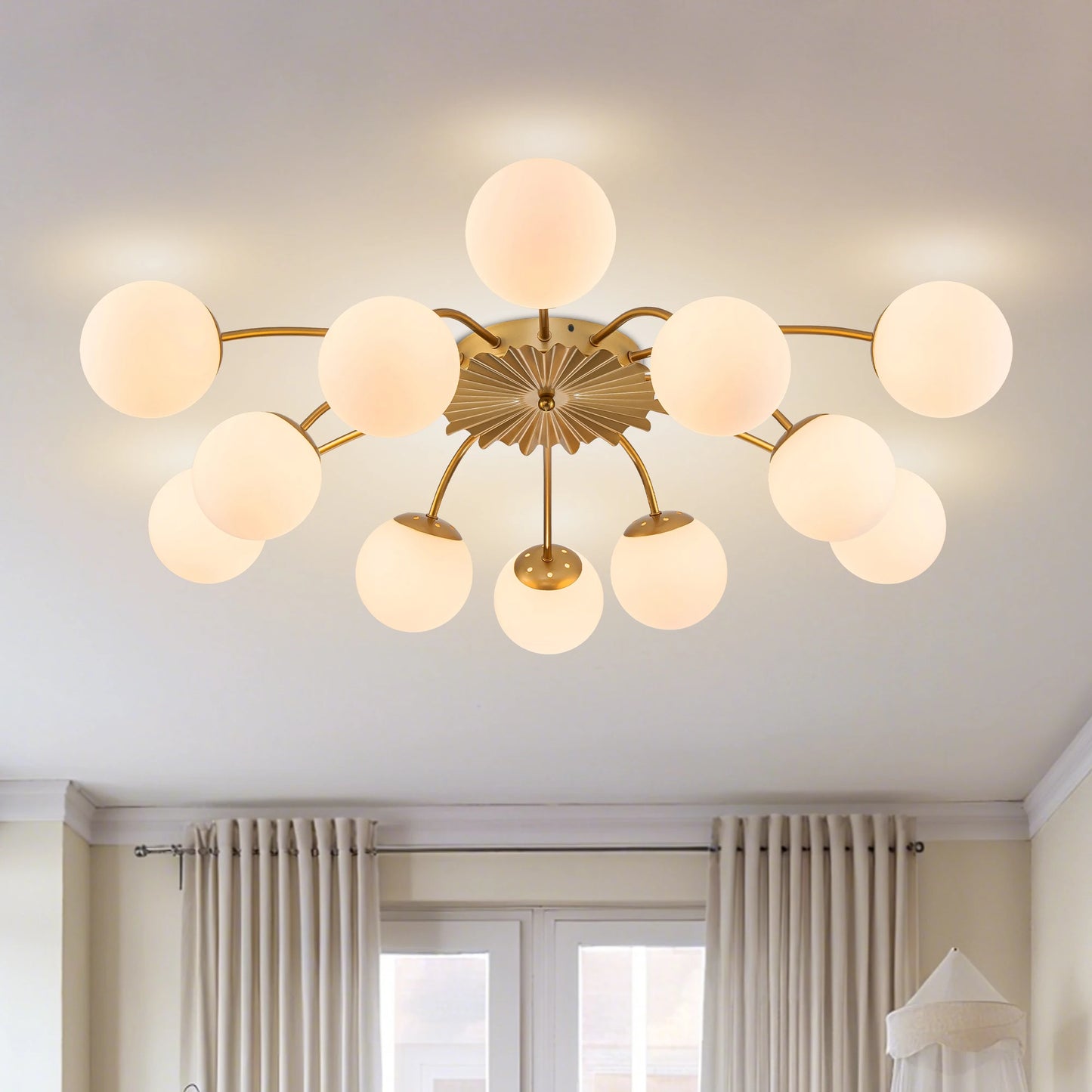 LONGREE 12-light Gold Finish Semiflush Mount Ceiling Light, Milk Opal Glass Bubble, Modern Ceiling Light Fixture