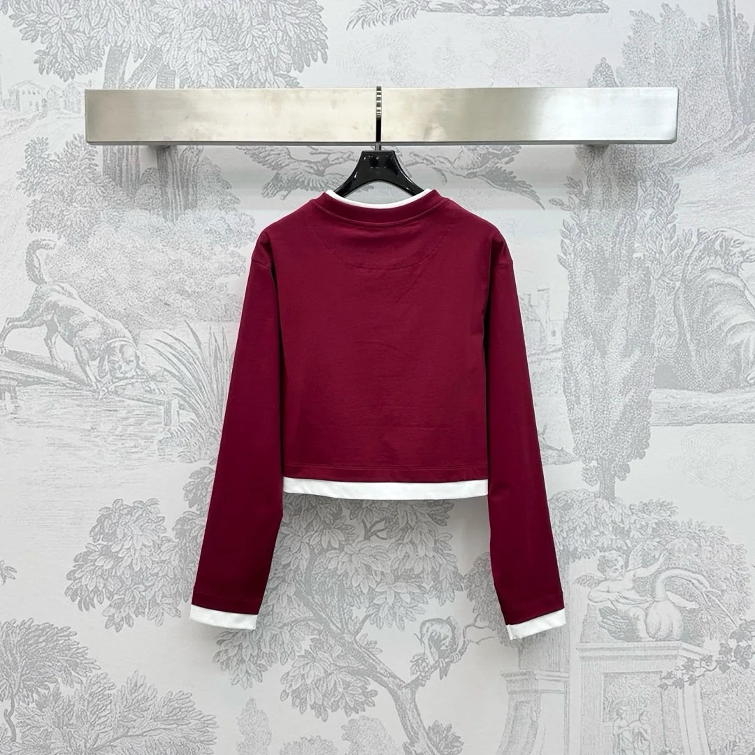 Women Long Wleeve T-shirt New Stitching Color Collision Fashion All-match Casual Crew Neck Fake Two T-shirts 2025