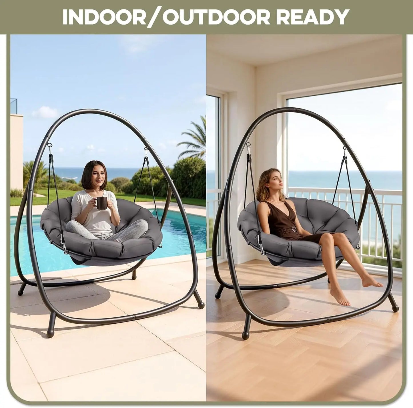 Hammock Hanging Swing Chair with Padded Cushion Stand for Outdoor Bedroom Patio Balcony