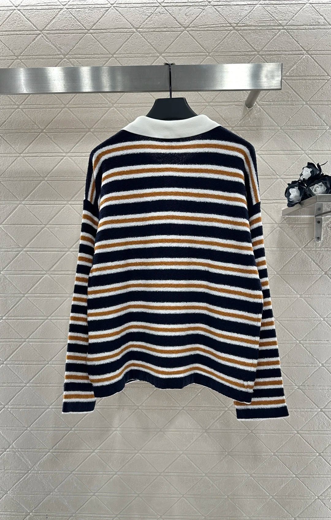 2025 Autumn/Winter Fashion New Women's Cotton Knit Color Block Striped Polo Collar Long Sleeve Wool Yarn T-Shirt