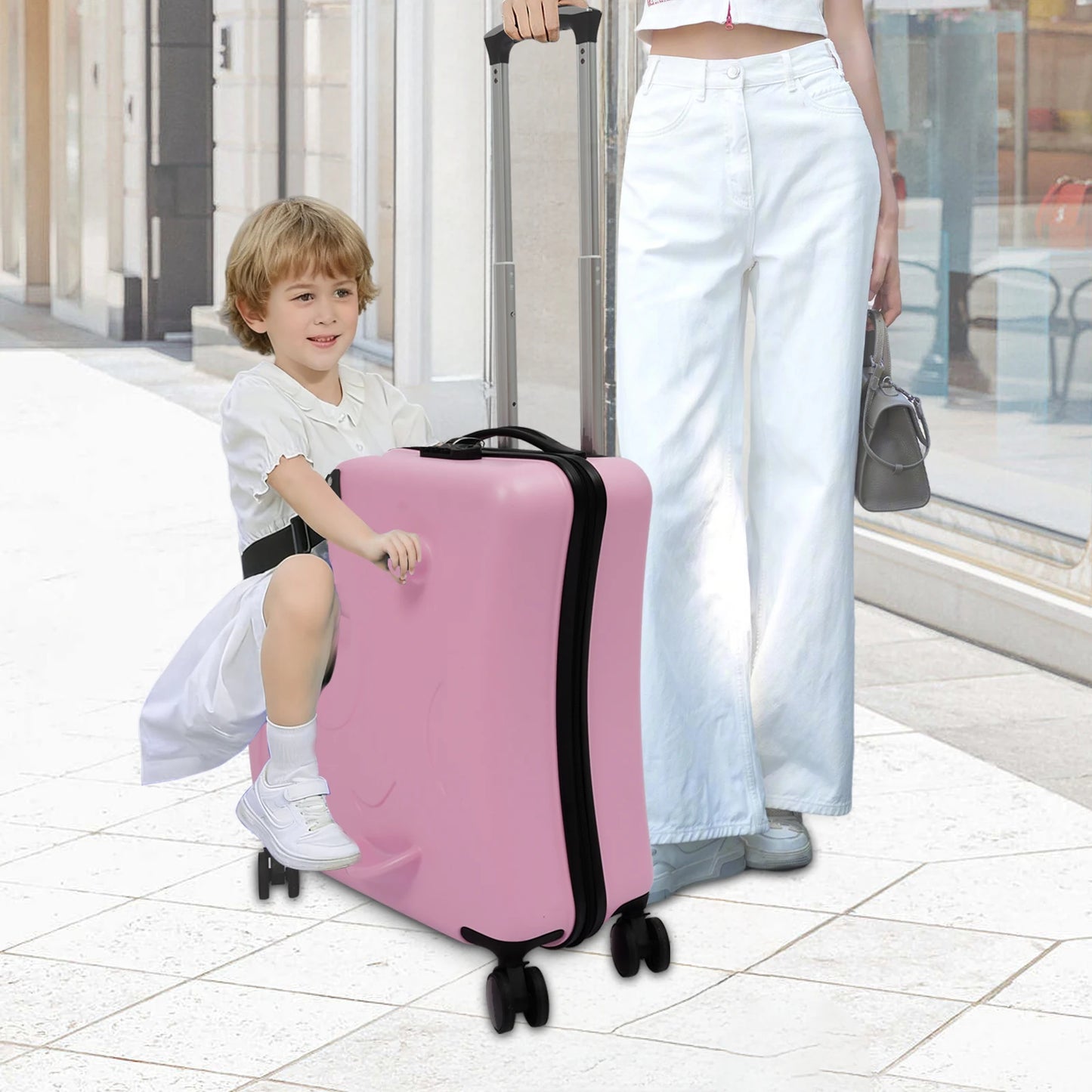 20" Portable Pink PC, Polyester, Aluminum Alloy Kid Ride-on Trolley Suitcase W/ 4Wheels For Children's Toys, Clothes, Book