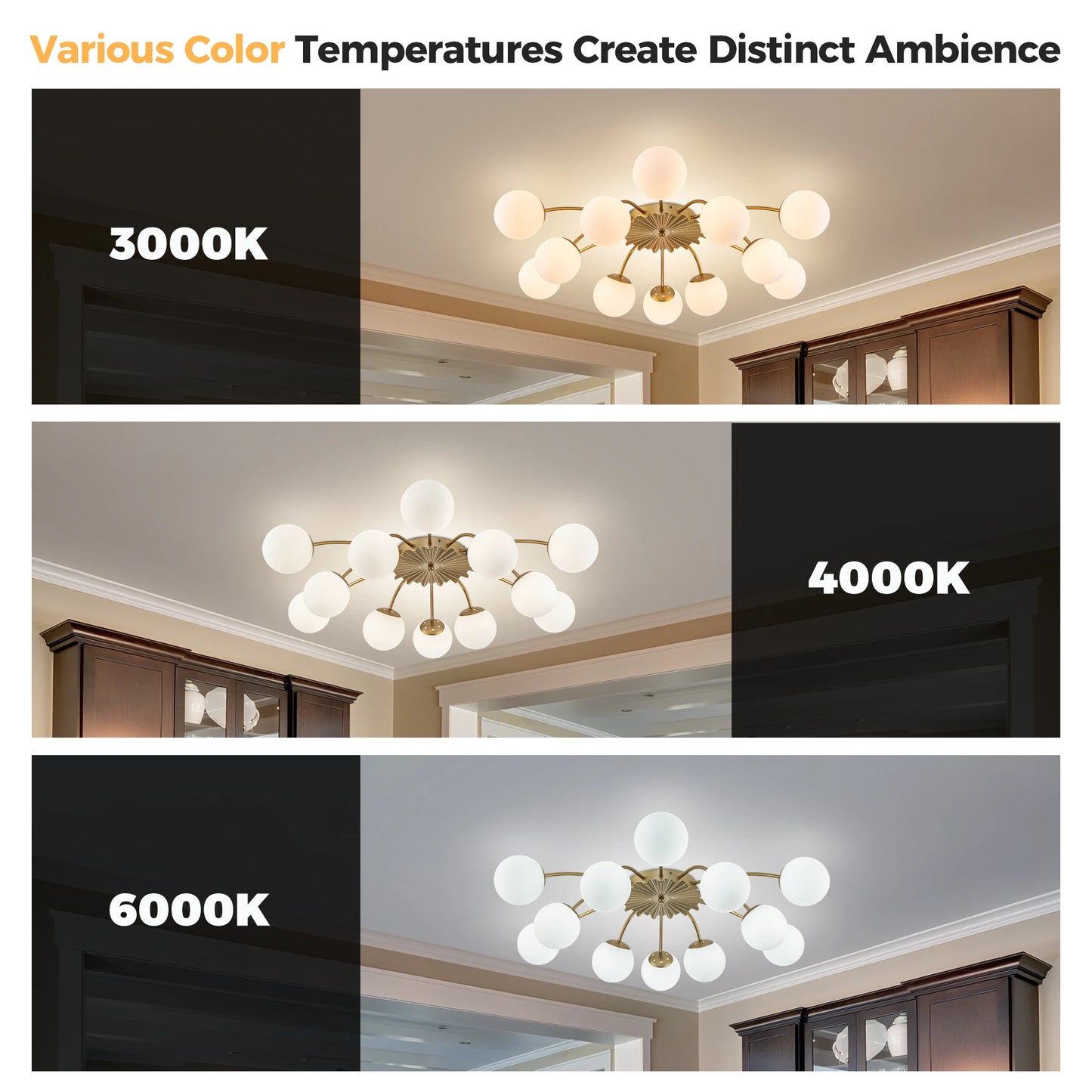 LONGREE 12-light Gold Finish Semiflush Mount Ceiling Light, Milk Opal Glass Bubble, Modern Ceiling Light Fixture