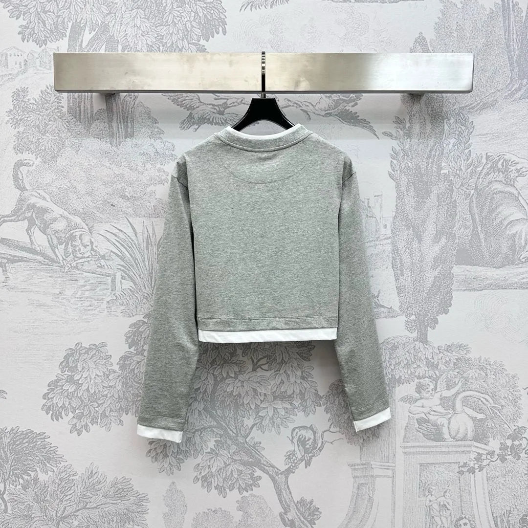 Women Long Wleeve T-shirt New Stitching Color Collision Fashion All-match Casual Crew Neck Fake Two T-shirts 2025