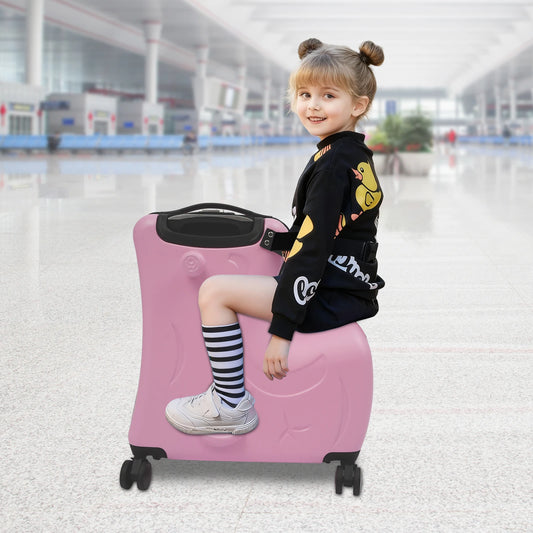 20" Portable Pink PC, Polyester, Aluminum Alloy Kid Ride-on Trolley Suitcase W/ 4Wheels For Children's Toys, Clothes, Book