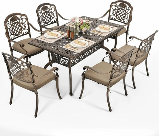 7-Piece Patio Dining Set,Outdoor Cast Aluminum Furniture Set with Vintage Table Top,Outdoor Furniture Set with 6 Outdoor Stackab