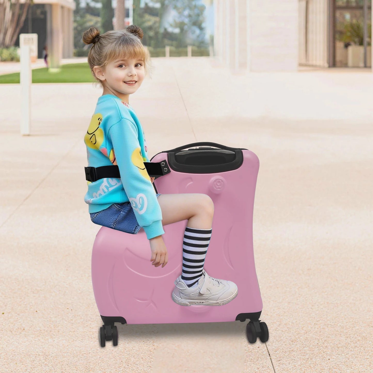 20" Portable Pink PC, Polyester, Aluminum Alloy Kid Ride-on Trolley Suitcase W/ 4Wheels For Children's Toys, Clothes, Book