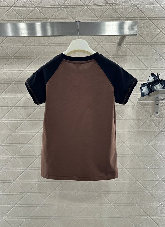 26 Early Spring New Women's New Round Neck Knitted Short T-shirt Color blocked Versatile Casual Top