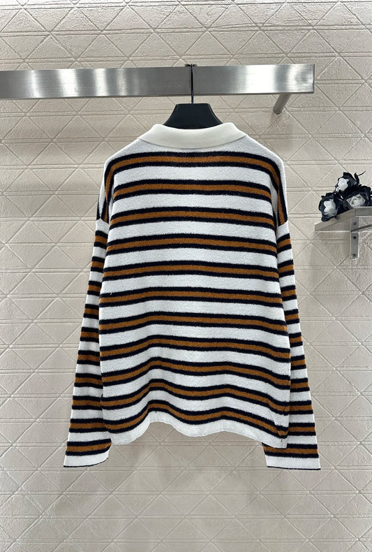 2025 Autumn/Winter Fashion New Women's Cotton Knit Color Block Striped Polo Collar Long Sleeve Wool Yarn T-Shirt