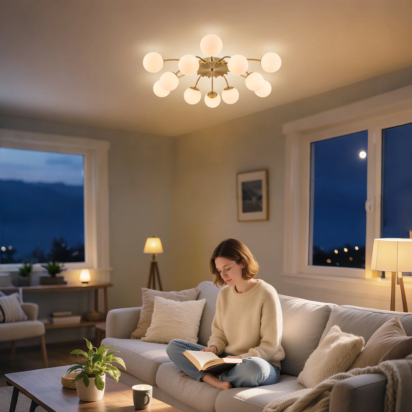 LONGREE 12-light Gold Finish Semiflush Mount Ceiling Light, Milk Opal Glass Bubble, Modern Ceiling Light Fixture