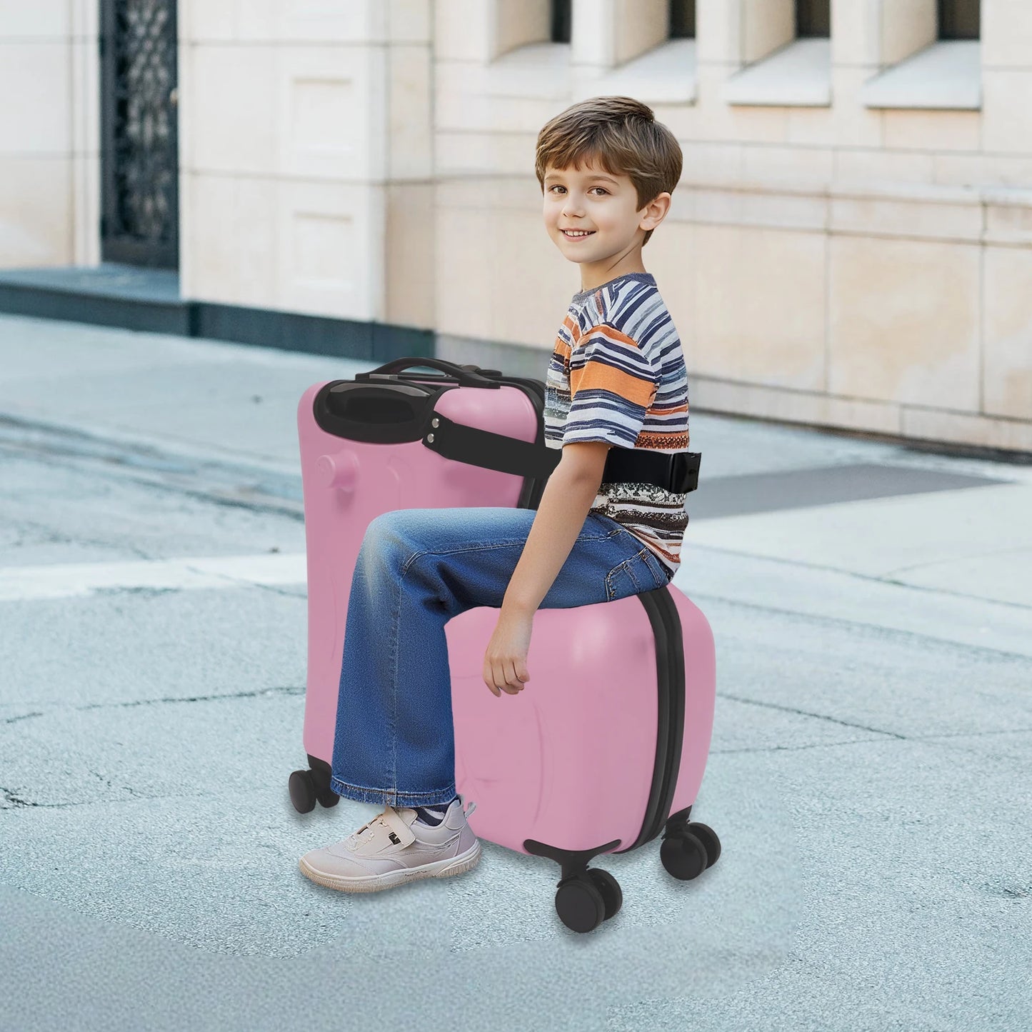20" Portable Pink PC, Polyester, Aluminum Alloy Kid Ride-on Trolley Suitcase W/ 4Wheels For Children's Toys, Clothes, Book