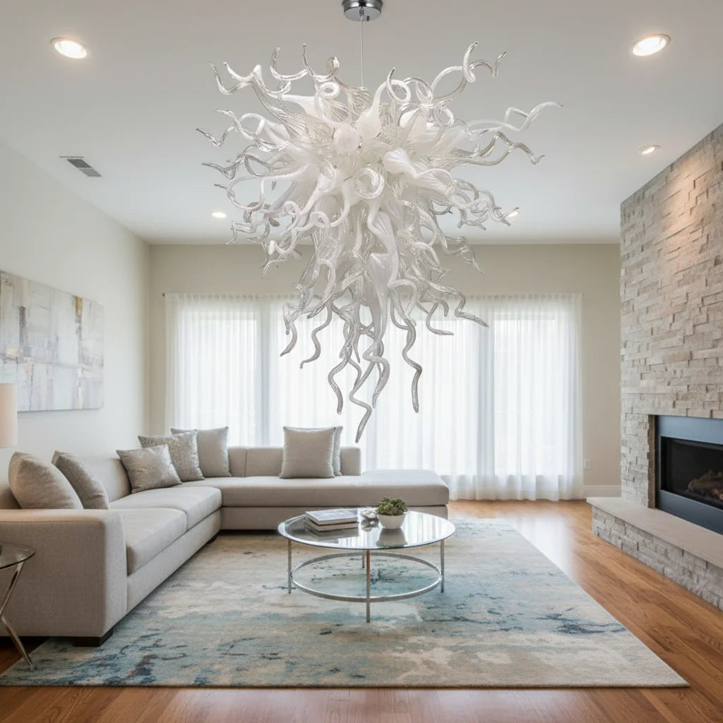 LONGREE Milk White Hand Blown Glass Chandelier Modern Art Glass Lighting Fixture for Living Room