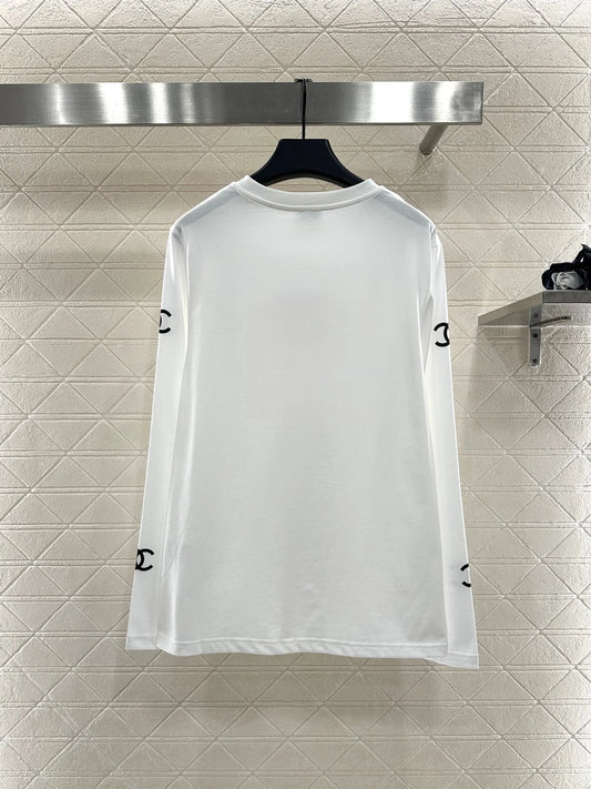 Women's Long Sleeve pure cotton T-Shirt Fashion Brand Logo Printed Top Casual high elastic Streetwear White T-shirt Hot Sale