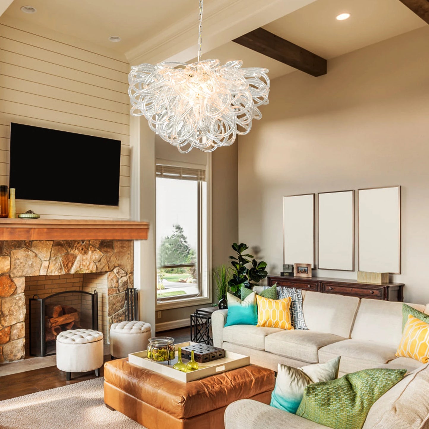 LONGREE Handmade Blown Glass Chandelier Clear Glass Lassos Nordic Design Ceiling Chandelier Light Fixture for Home Living Room