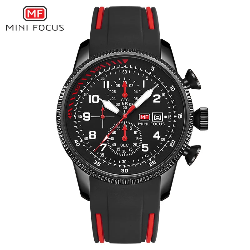 MINI FOCUS Military Sport Quartz Watch for Men Blue Silicone Strap Chronograph Luminous Wristwatch with Date Waterproof 0379