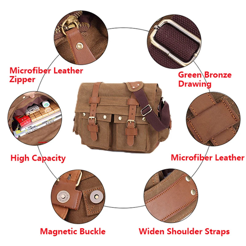 14inch Travel Satchel Business Men's Messenger Bag Vintage Canvas Military Shoulder Laptop Bags for men Male Laptop Briefcases