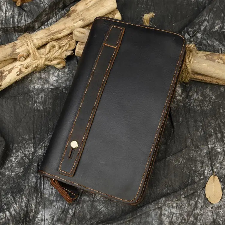 Luxury Double Zipper Women Men Long Wallet Vintage Leather Male Clutch Purse Man Phone Card Coin 100% Genuine Leather Men Wallet