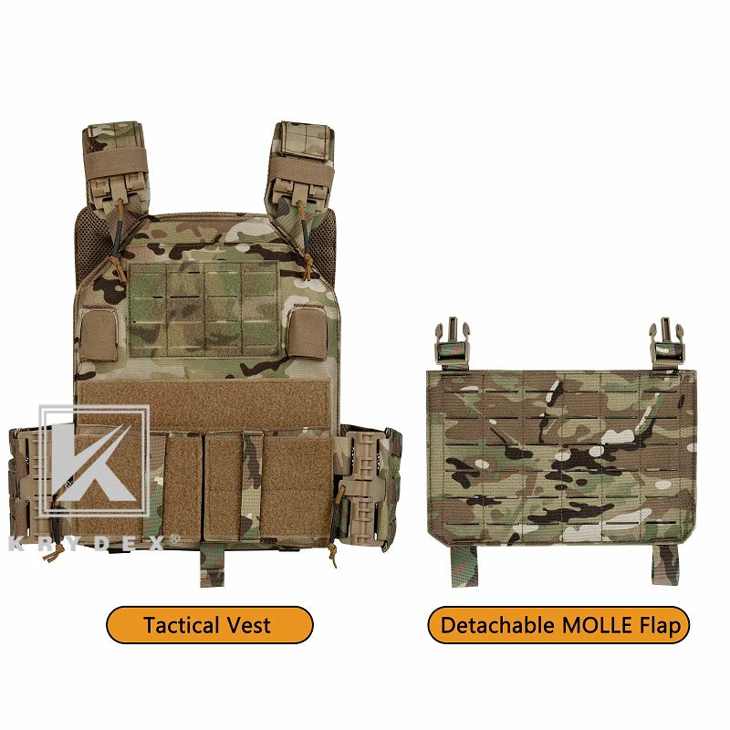 KRYDEX Tactical Vest Molle Laser Cut Front Panel Flap Plate Carrier Quick Release Tube Cummerbund Shoulder Hunting Gear Camo MC