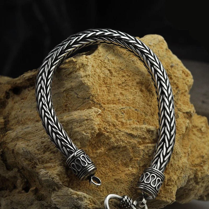 S925 Metal Making Antique Sterling Silver Vikings Bracelet as men gift with wood box