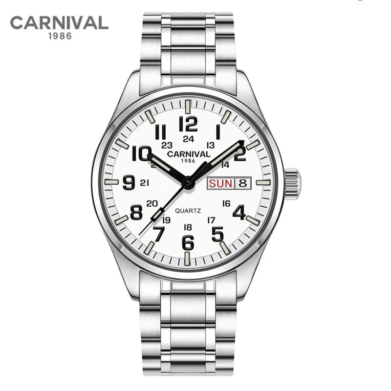 Carnival Brand Fashion Quartz Wrist Watch for Men Luxury Stainless Steel Luminous Military Watches Waterproof Clock Reloj Hombre