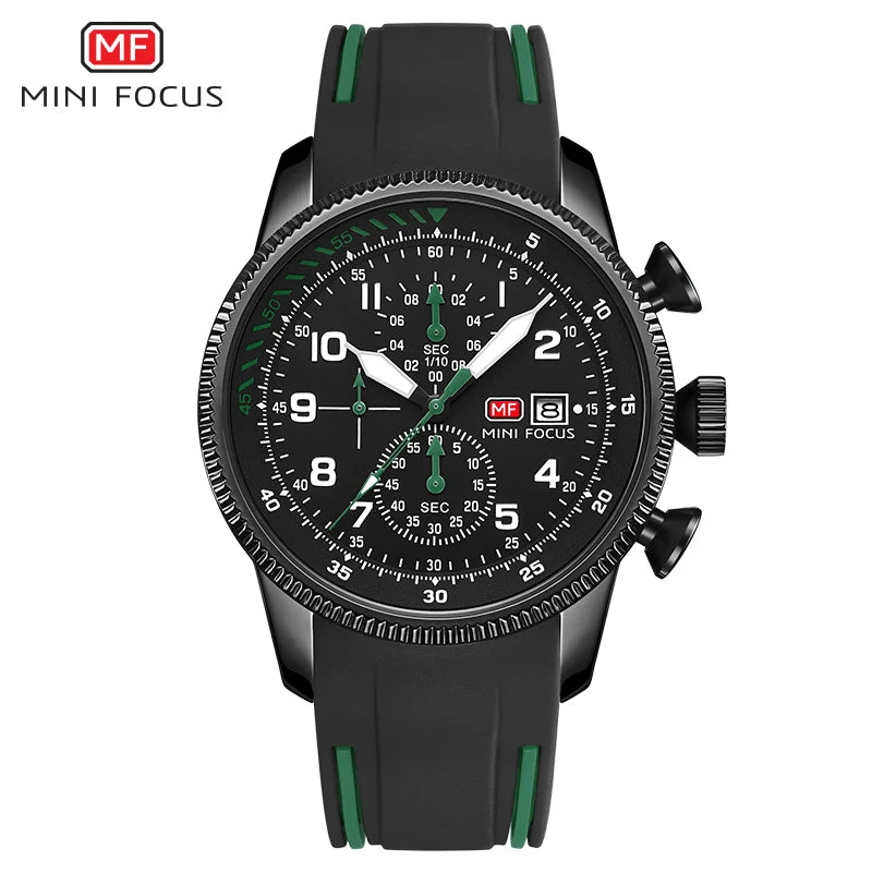 MINI FOCUS Military Sport Quartz Watch for Men Blue Silicone Strap Chronograph Luminous Wristwatch with Date Waterproof 0379