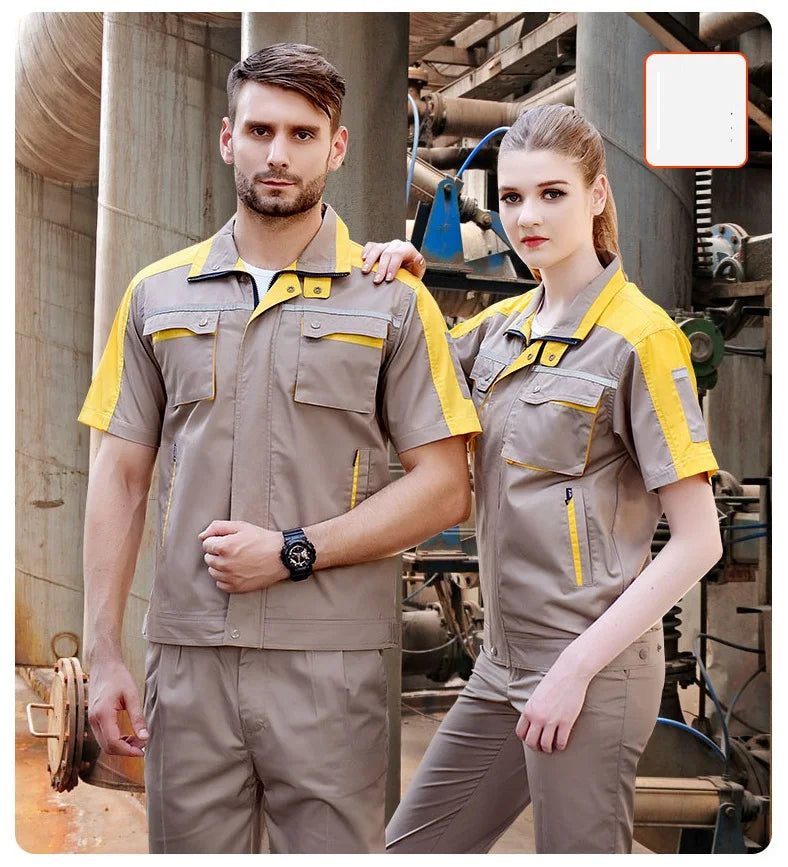 Summer Work Clothing For Men Women Workshop Mechanic Repair Uniform Work Clothes Short-sleeve Coveralls Two Tones Safety Clothes
