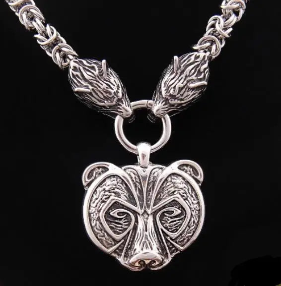 925 Sterling Silver Viking Bear Pendant Nekclace with stainless steel wolf chain as gift