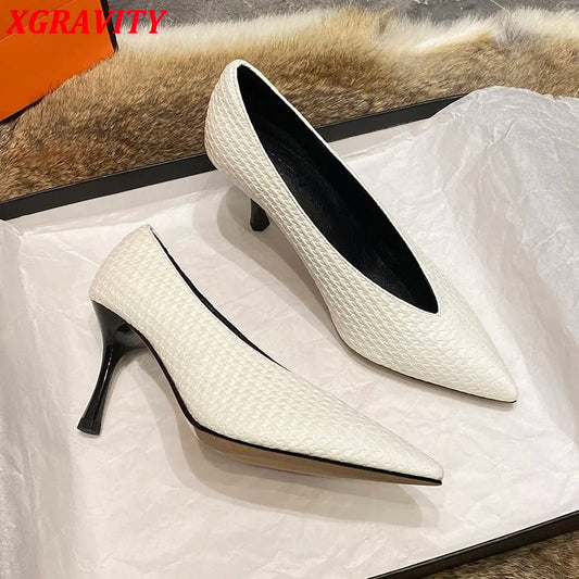 New Spring Autumn Fashion Women High Heels Elegant V Cut Women Printed Ladies Footwear Point Toe Dress Shoes Evening Shoes Lady