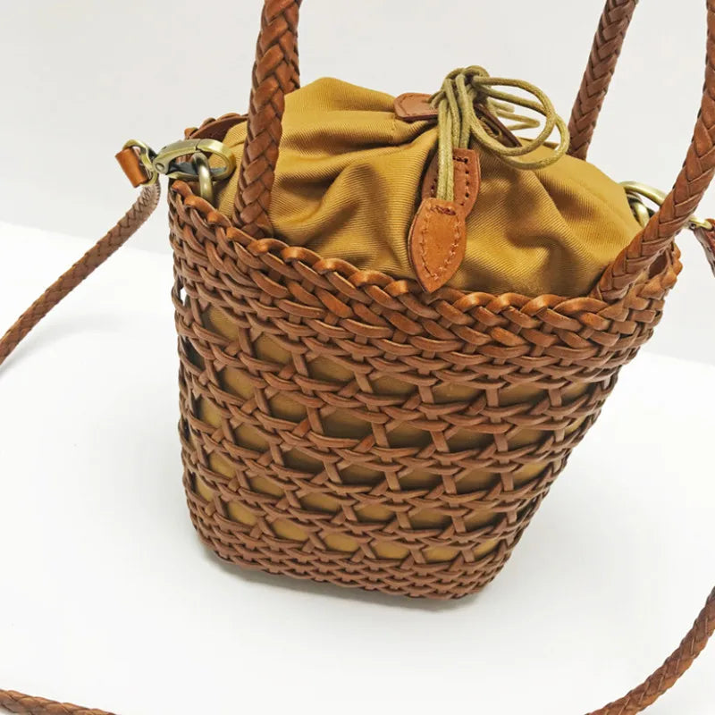 Women's bag new 2025 messenger shoulder bag Cowhide hollow woven bag summer bucket Casual Inner Fabric Shopping Bag