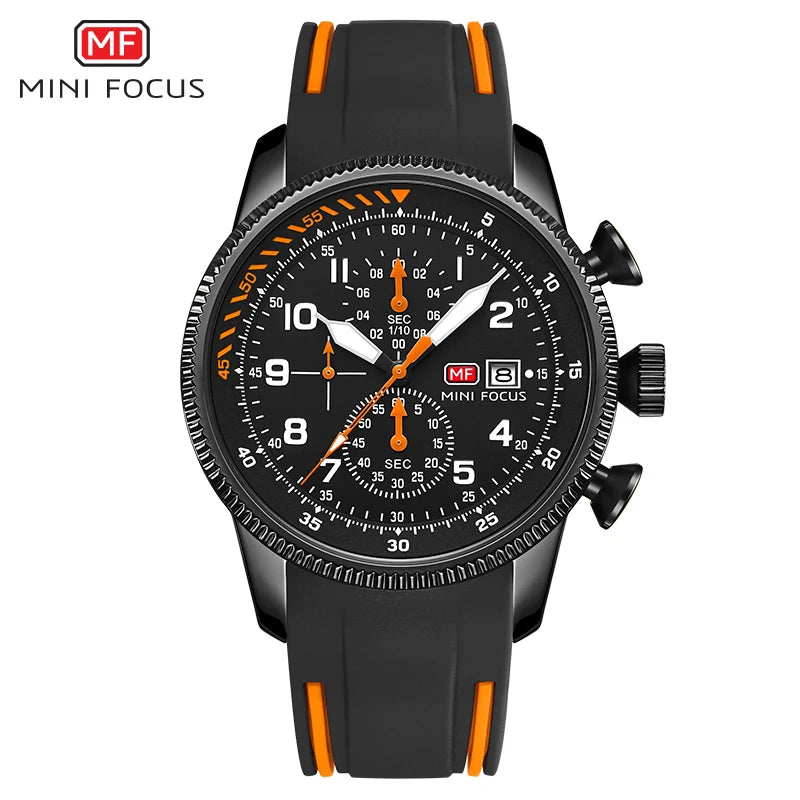 MINI FOCUS Military Sport Quartz Watch for Men Blue Silicone Strap Chronograph Luminous Wristwatch with Date Waterproof 0379