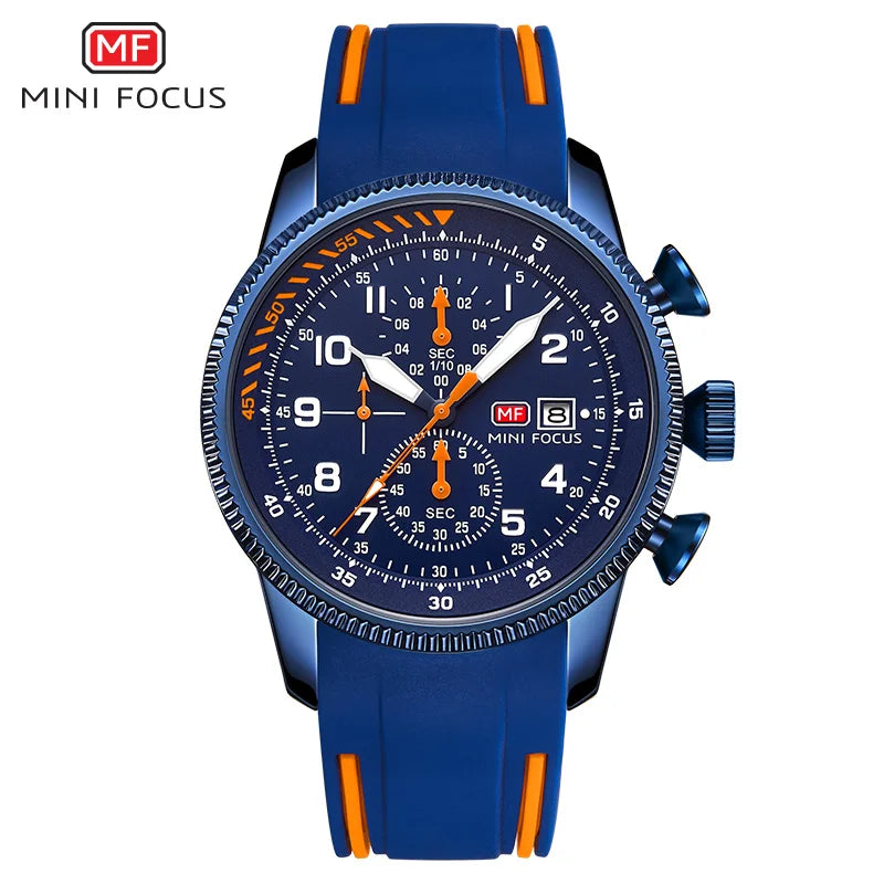MINI FOCUS Military Sport Quartz Watch for Men Blue Silicone Strap Chronograph Luminous Wristwatch with Date Waterproof 0379