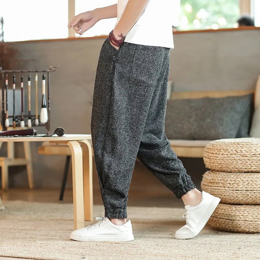 Chinese Style Men's Clothing Casual Pants Male Cotton Linen Lantern Trousers Streetwear Spring Summer Harem Pantalones New